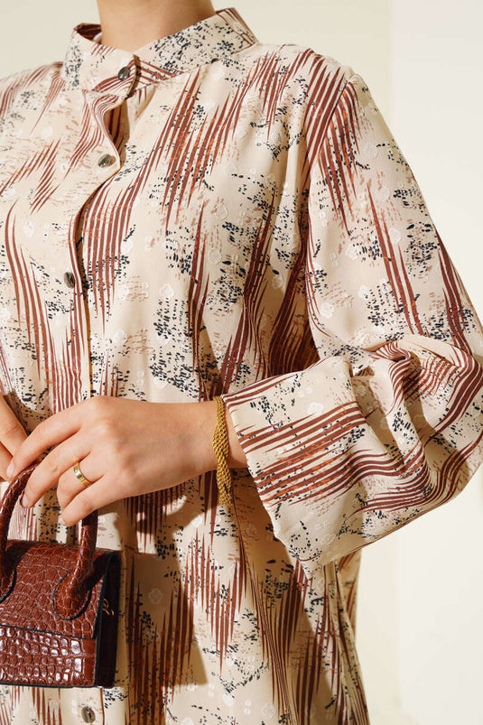 Patterned Metal Button Long Shirt Brown