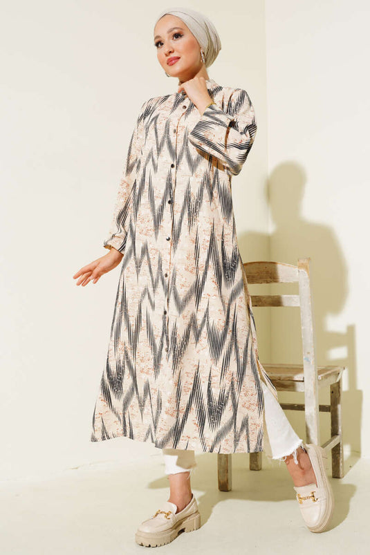 Chemise Longue Boutons Métalliques à Motifs Noir