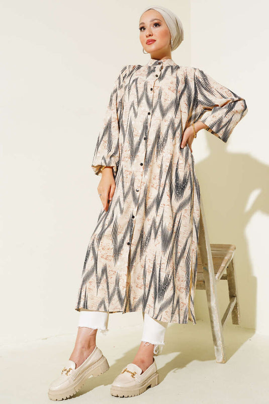 Chemise Longue Boutons Métalliques à Motifs Noir