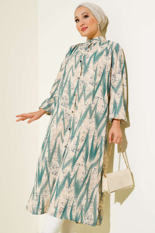 Chemise Longue Boutons Métalliques à Motifs Émeraude