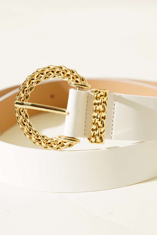 Patterned Metal Buckle Belt White