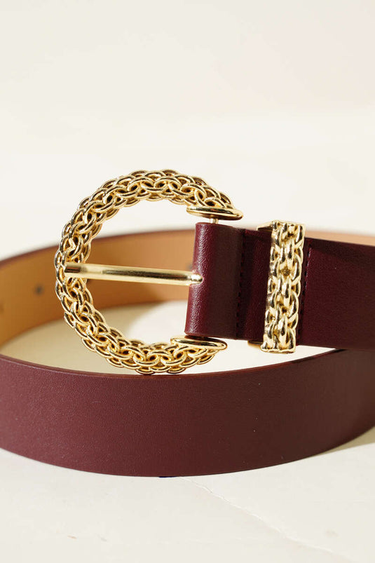 Gestreepte metalen gesp riem in bordeauxrood