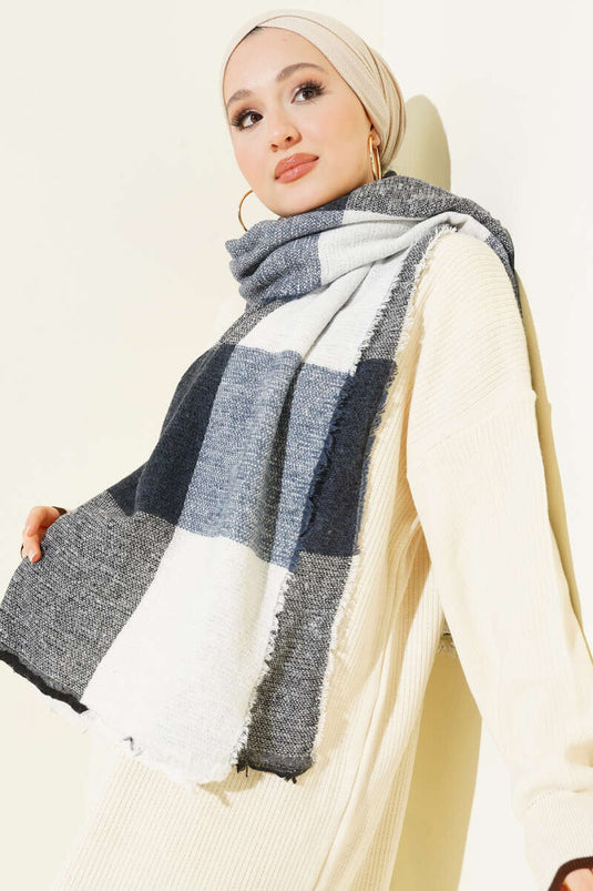 Desenli Omuz Şalı Lacivert