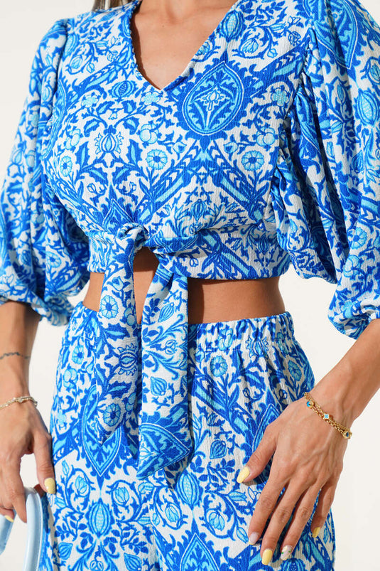 Patterned Front-Tie Two-Piece Set, Blue