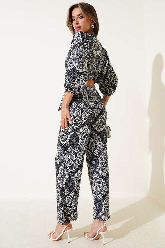 Patterned Front-Tie Two-Piece Set, Black