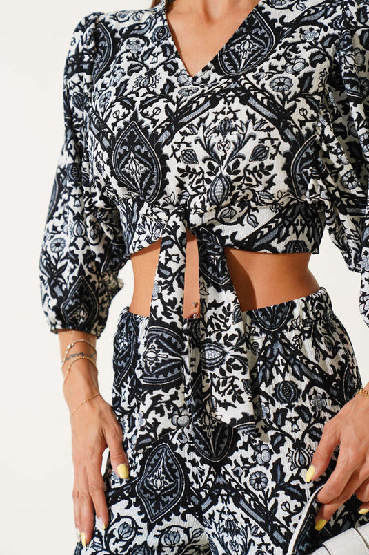 Patterned Front-Tie Two-Piece Set, Black