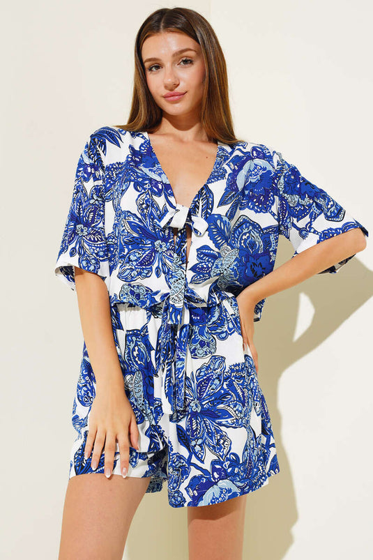 Ensemble short à nouer sur le devant à motifs