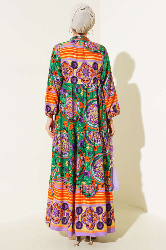 Desenli Önü Düğmeli Elbise Zümrüt