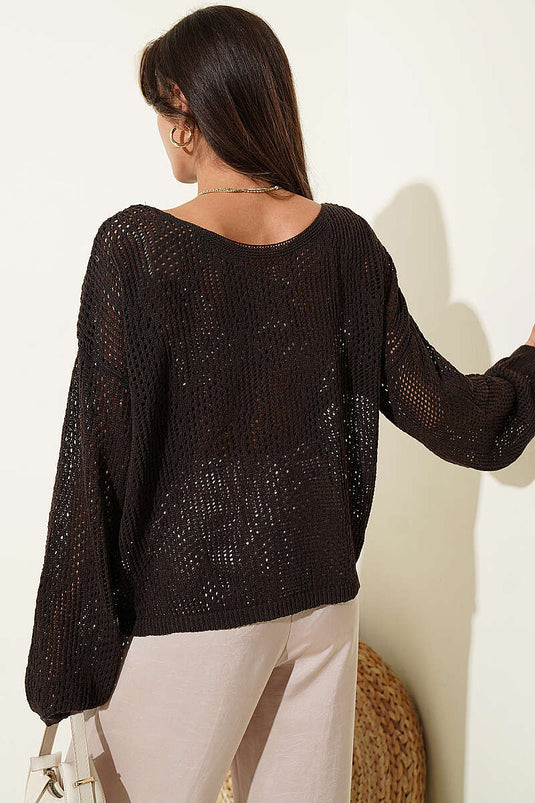 Maglione Oversize a Maglia Ajur Fantasia Marrone
