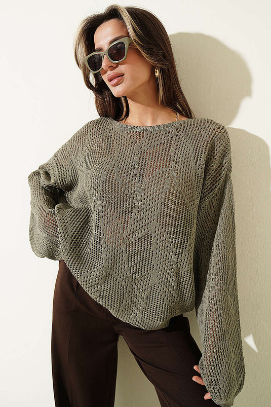 Maglione oversize traforato a rete color verde oliva