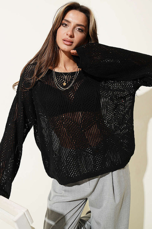 Maglione oversize traforato a maglia nera con motivo