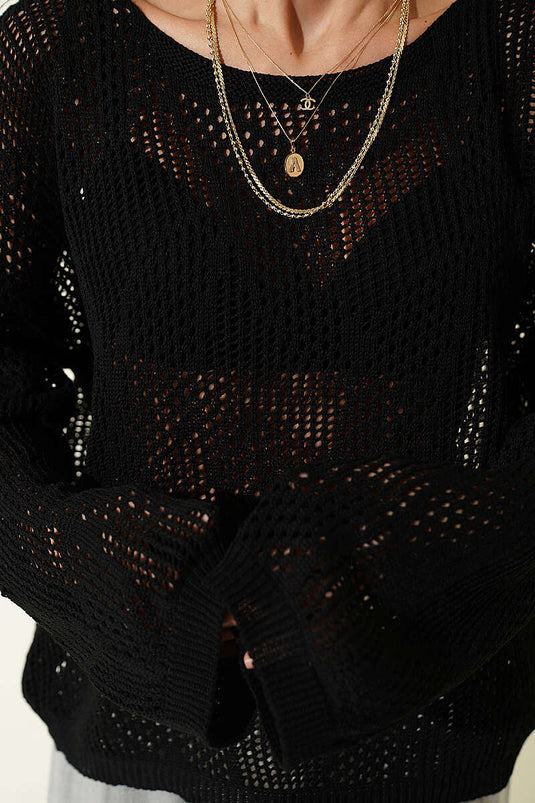 Maglione oversize traforato a maglia nera con motivo