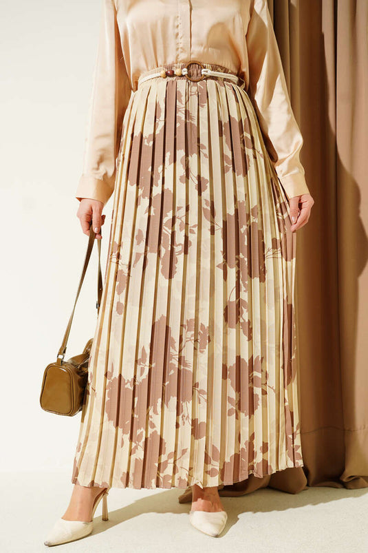 Patterned Pleated Elastic Waist Skirt Beige