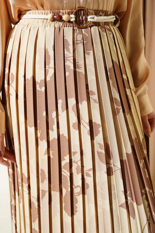 Patterned Pleated Elastic Waist Skirt Beige
