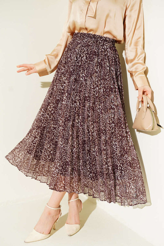 تنورة بنقشة، مطوية، بخصر مطاطي، لون بني