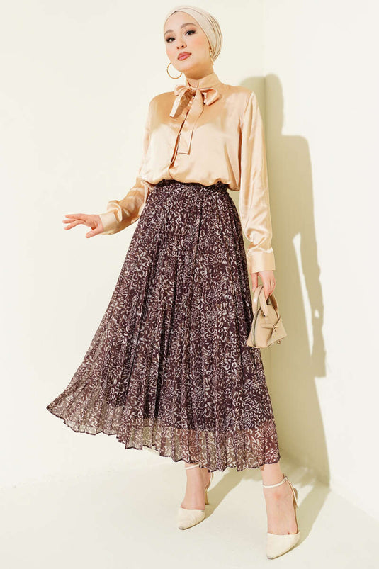 Patterned Pleated Waist Elastic Skirt Brown