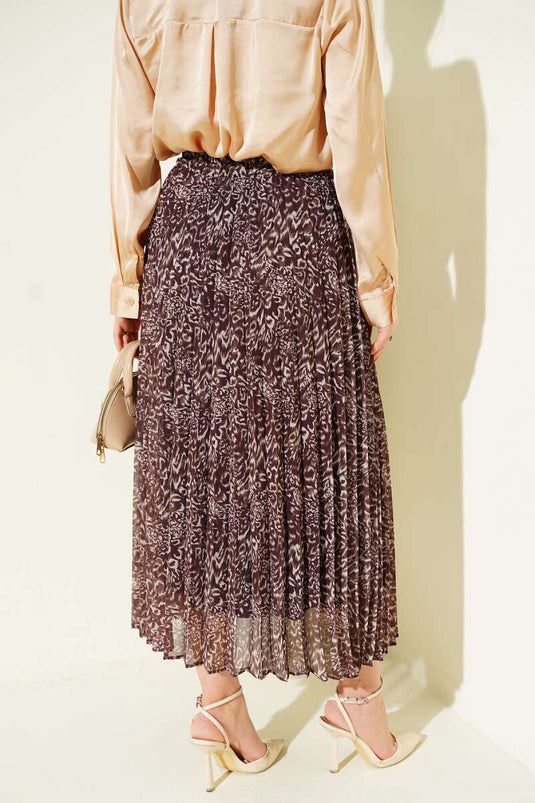Patterned Pleated Waist Elastic Skirt Brown