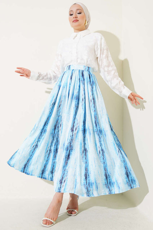 Patterned Pleated Satin Skirt Baby Blue