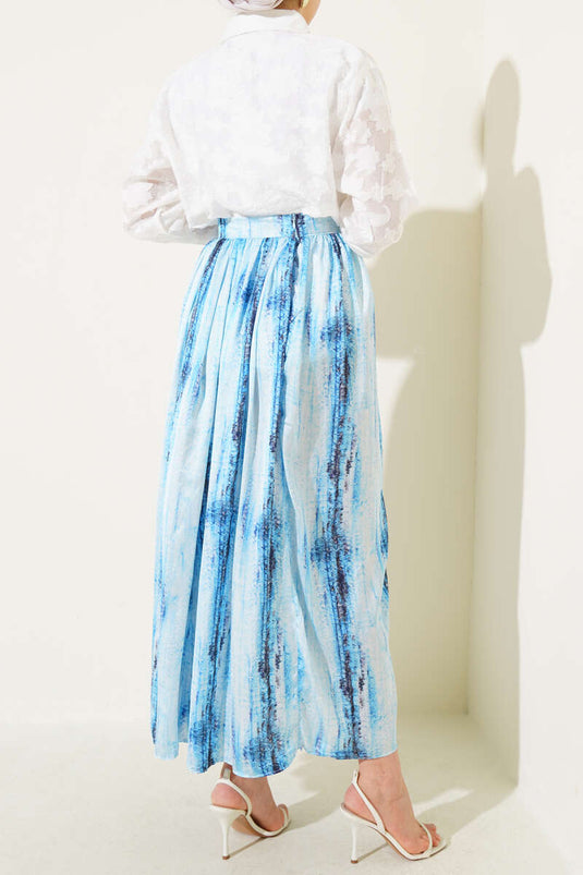 Patterned Pleated Satin Skirt Baby Blue