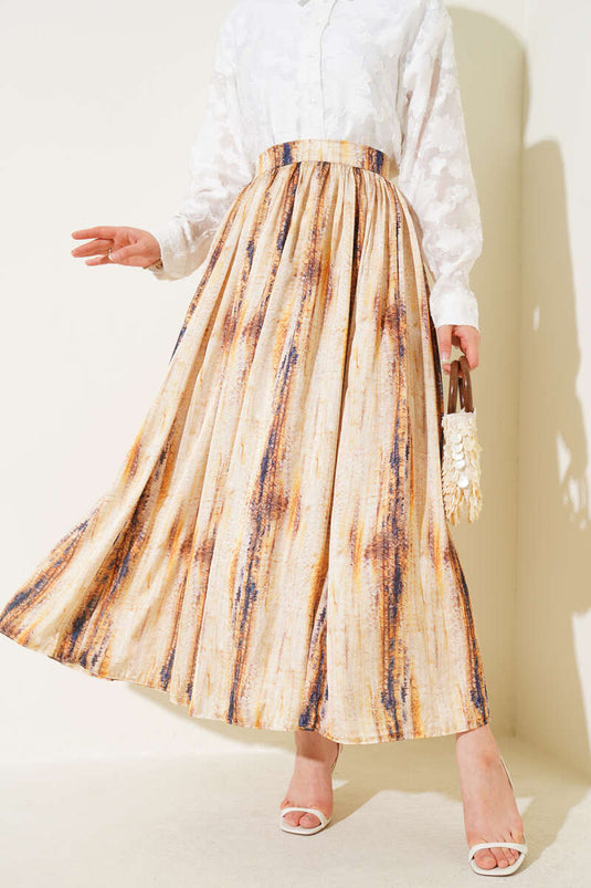 Patterned Pleated Satin Skirt Yellow