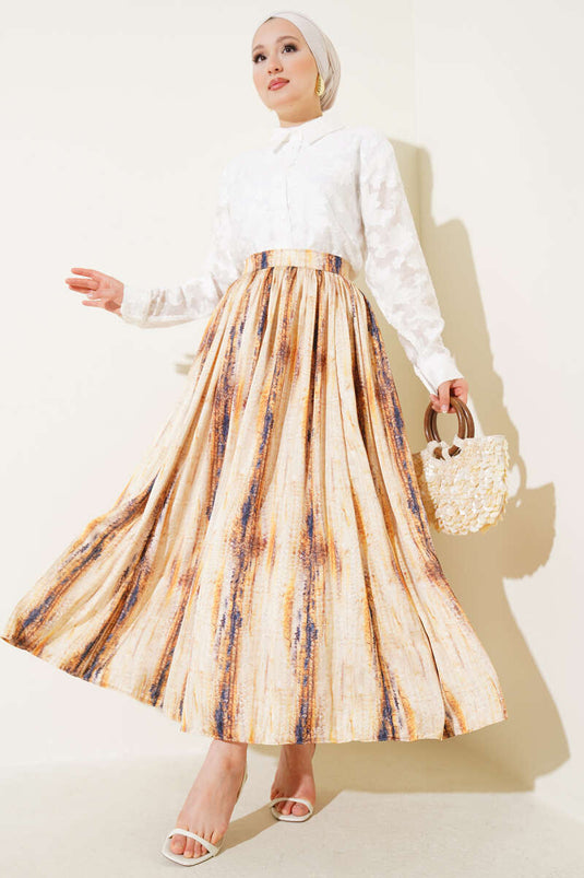 Patterned Pleated Satin Skirt Yellow