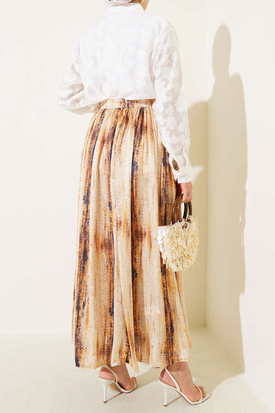 Patterned Pleated Satin Skirt Yellow