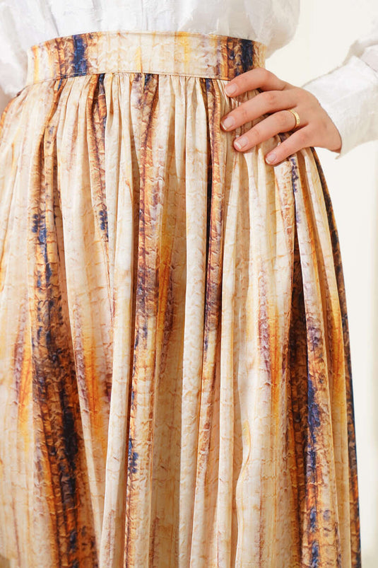 Patterned Pleated Satin Skirt Yellow