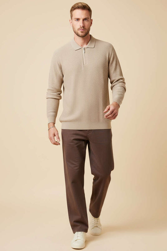 Desenli Polo Yaka Fermuarlı Kazak Bej