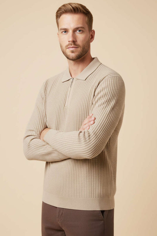 قميص بولو منقوش بسحاب، بيج