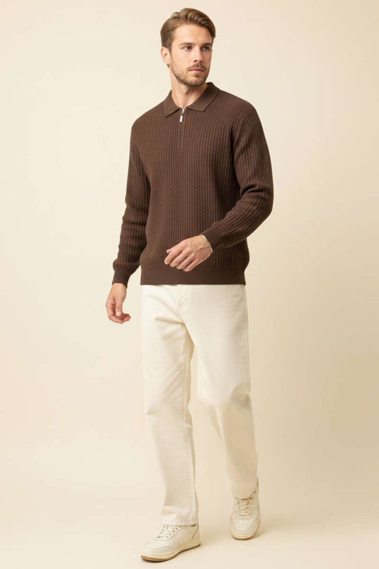 Desenli Polo Yaka Fermuarlı Kazak Kahve