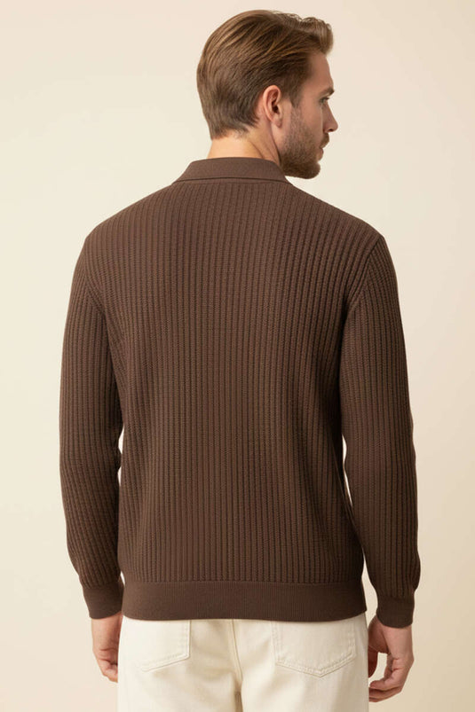 Desenli Polo Yaka Fermuarlı Kazak Kahve