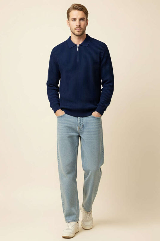 Desenli Polo Yaka Fermuarlı Kazak Lacivert