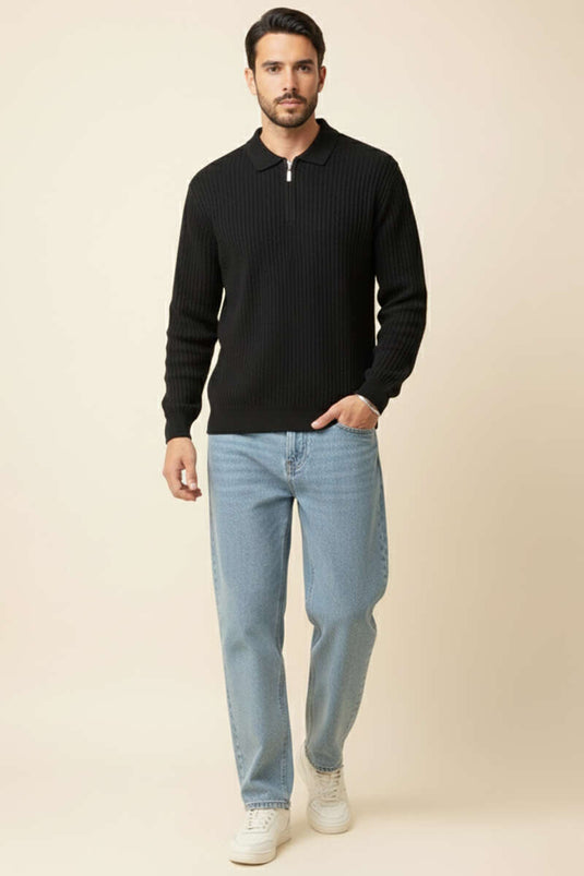 Desenli Polo Yaka Fermuarlı Kazak Siyah