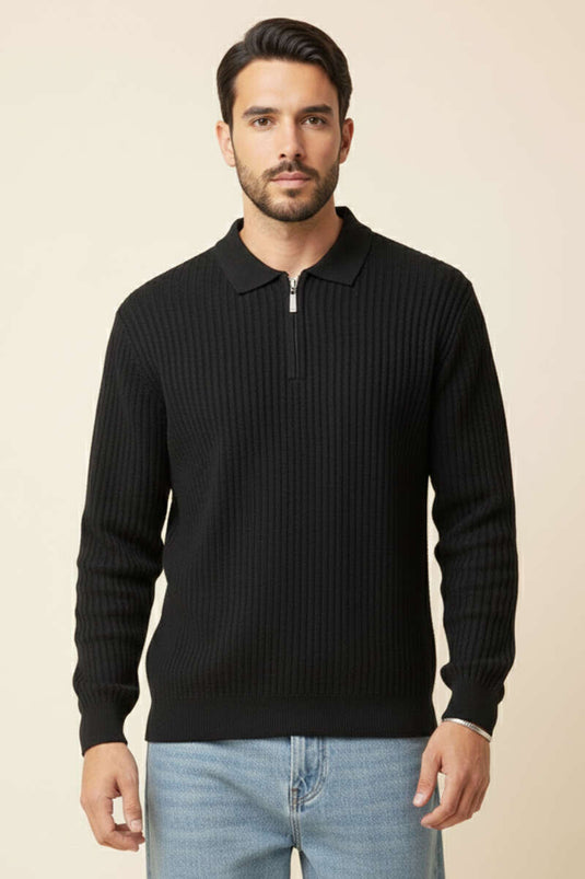 Desenli Polo Yaka Fermuarlı Kazak Siyah