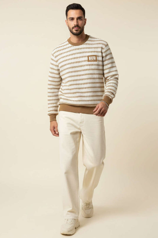 Desenli Polo Yaka Örme Erkek Sweatshirt Camel