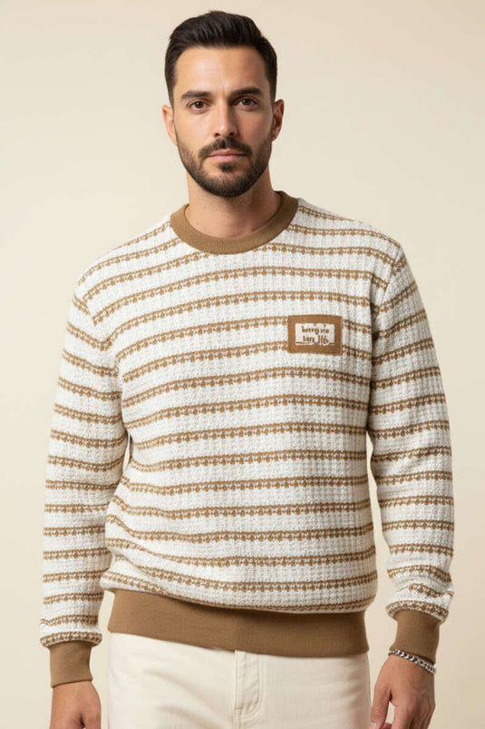 Patterned Polo Collar Knitted Men's Sweatshirt Camel