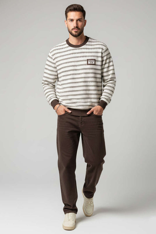 Desenli Polo Yaka Örme Erkek Sweatshirt Kahve