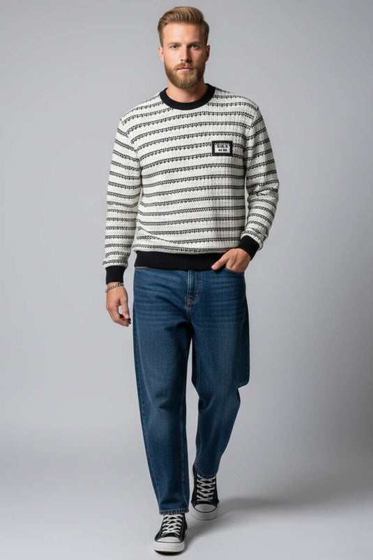 Desenli Polo Yaka Örme Erkek Sweatshirt Siyah