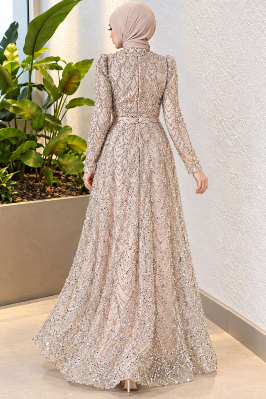 Gesticktes Abendkleid Mit Muster In Beige