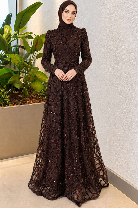 Gesticktes Abendkleid Mit Muster In Kaffee