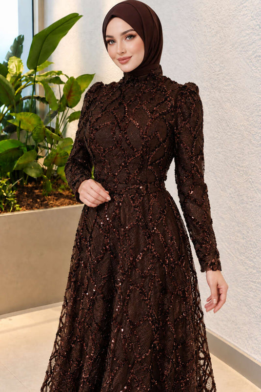Gesticktes Abendkleid Mit Muster In Kaffee