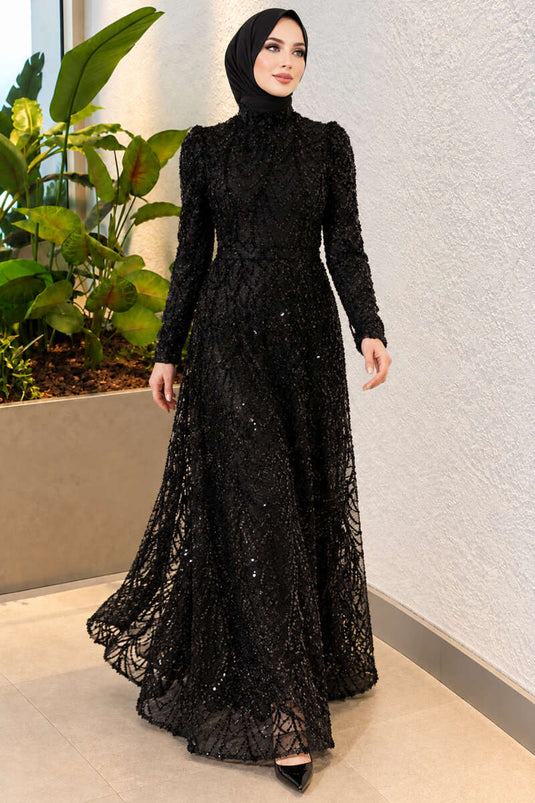 Robe De Soirée Brodée À Motifs Noire