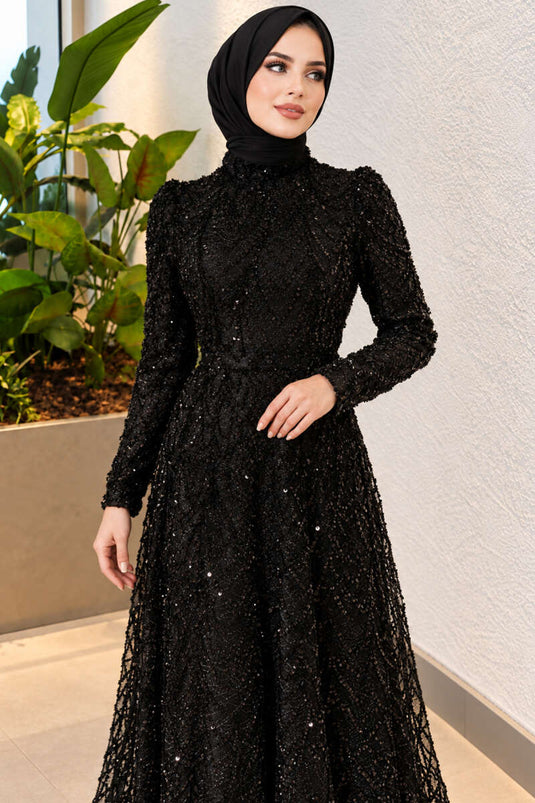 Robe De Soirée Brodée À Motifs Noire