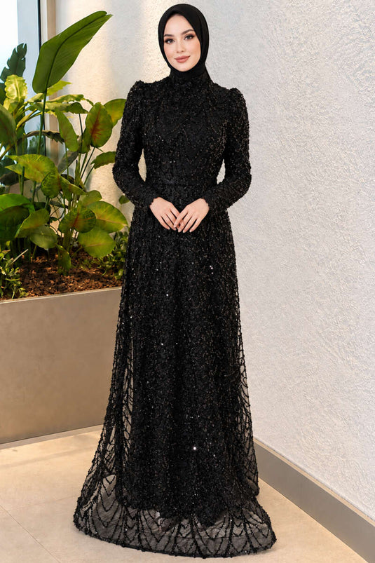 Robe De Soirée Brodée À Motifs Noire