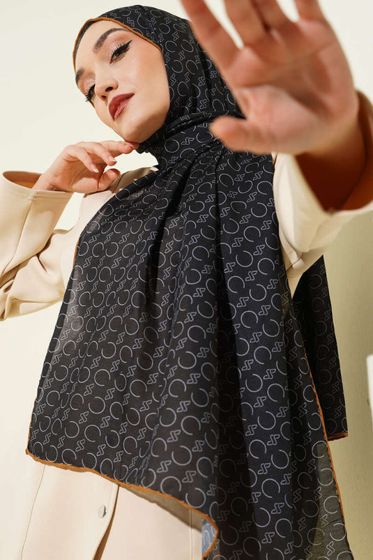 وشاح ديموري مخطط بحواف مضلعة أسود وجمل