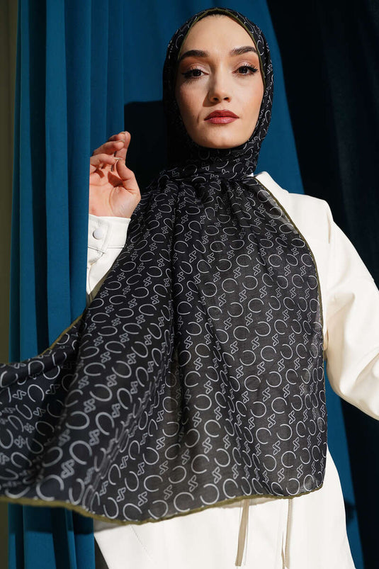 شال ديموري مزخرف بحواف مضلعة أسود زيتي