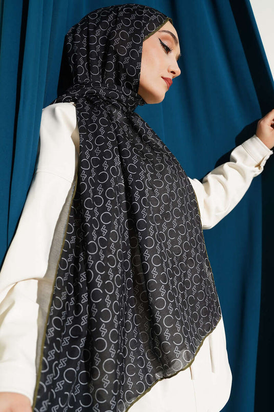 شال ديموري مزخرف بحواف مضلعة أسود زيتي