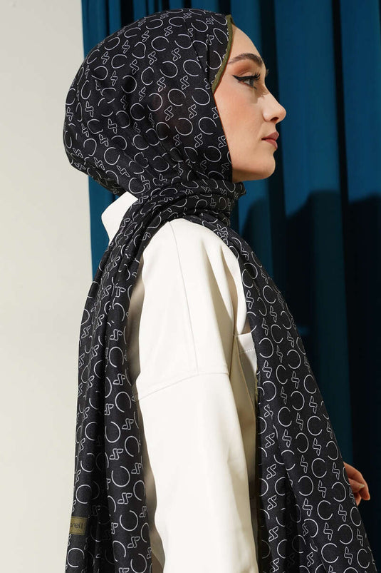 شال ديموري مزخرف بحواف مضلعة أسود زيتي