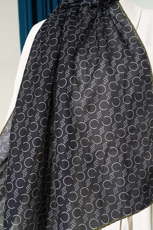 شال ديموري مزخرف بحواف مضلعة أسود زيتي