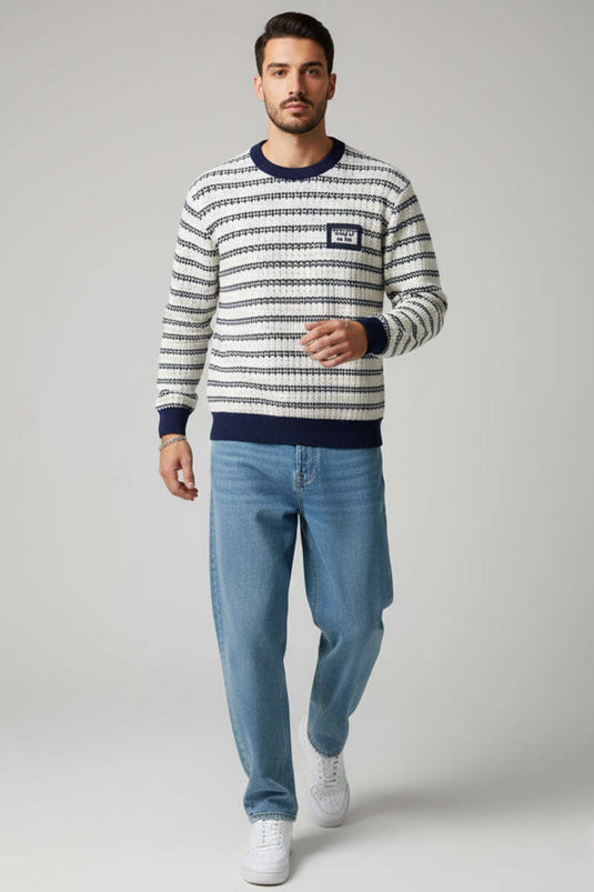 Felpa da uomo in maglia con coste e motivo, blu scuro